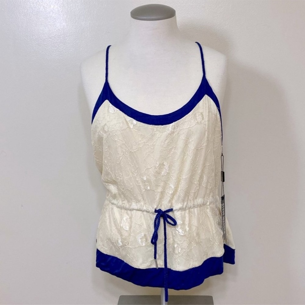 Steve Madden Ivory Blue Tie Waist Lace Texture Tank Top L